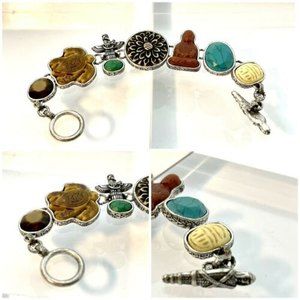 Vtg Silvertone Egyptian Carved Pendant Scarab Mummy Toggle Bracelet Totem Turtle